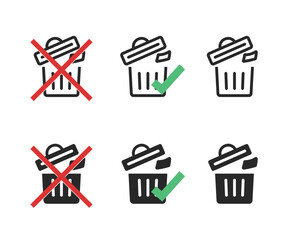 Poster - No trash disposal product label sticker simple pictogram vector, dont waste waste sign glyph symbol, forbidden allowed recycling garbage info badge tag, junk not permitted to dust bin image clipart