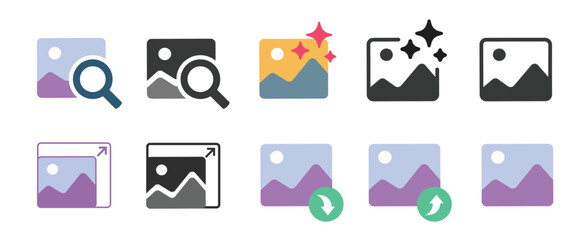 Poster - Image photo editing app icons set simple graphic pictogram illustration, enlarge and enhance picture flat, filter effect, upscale zoom, search find magnify, resize line outline art, share pic clipart