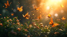 A Swarm Of Monarch Butterflies Gracefully Flits Among Blooming Wildflowers, Bathed In The Warm Glow Of The Setting Sun.