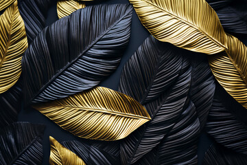 Wall Mural - Textures of abstract gold and black leaves for tropical leaf background. Flat lay, dark nature concep