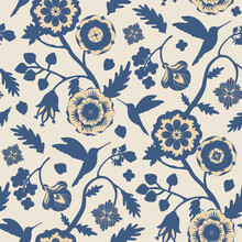 Denim Blue Flowers And Hummingbirds Silhouettes Seamless Pattern. Indian Floral Style Pattern.