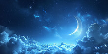 A Crescent With Blue Clouds And A Star In The Sky, In The Style Of Detailed Dreamscapes, Realistic Usage Of Light And Color