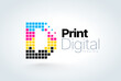 Logo Digital Print. Letter D it consists of colored squares. CMYK Printing theme. Template design vector. White background.