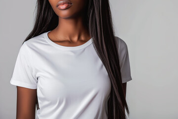 Wall Mural - Mockup empty, an african american woman, with long hair, wearing white blank short sleeve t-shirt