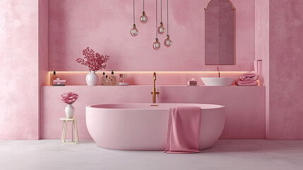 Wall Mural - Pastel pink bathroom decor with elegant accessories and soft lighting