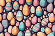 Capturing the essence of festive design, an illustration features a seamless pattern of interlocking Easter eggs in a vibrant retro-inspired pastel palette.