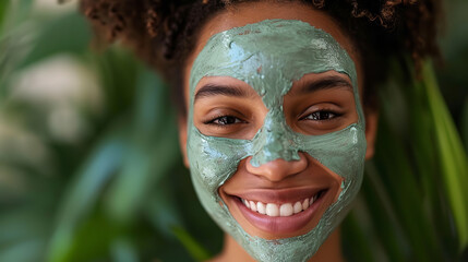 Wall Mural - Young african woman smiling with green facial mask