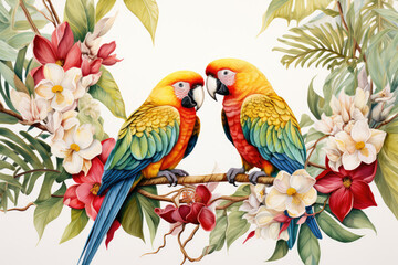 Wall Mural - Illustration of two parrots with wedding rings around their necks, nestled together on a tropical branch