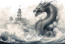 
Sketch Of A Mythical Aquatic Dragon, Entwined Around A Lighthouse, With Waves Crashing Around It