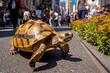 A tortoise takes a slow stroll on a bustling urban street, creating a unique contrast with city life and nature.