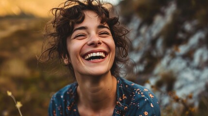 Beautiful Woman laughing, showing joy with nature scene