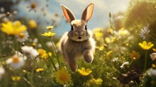 A Cute Little Fluffy Rabbit Is Jumping In A Green Meadow. Spring Flower Meadow. Easter Holiday.