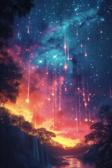 Aufkleber - An illustration of a series of meteors and stars decreasing in size, all in different pastel colors,