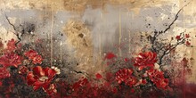 Japan Style Art Painting Graces The Canvas With Its Opulent Silver And Gold Background, Reminiscent Of The Lavish Hues Found In The Style Of Crimson And Bronze.