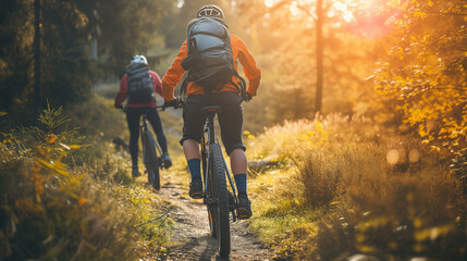 Cyclists riding through a sunlit forest trail.