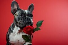 Realistic French Bulldog Holding Red Rose, Theme Love Me Love My Dog, For Valentine Day 