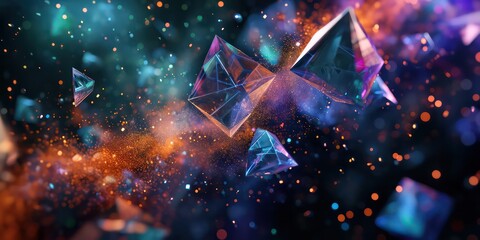 Poster - Holographic representation featuring geometric shapes suspended in a sea of radiant particles, all set against  black background.