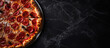 a cut pizza on a black matte surface, in the style of rustic charm, aerial view