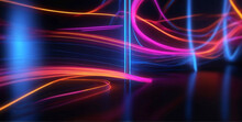 Abstract Panoramic Background Of Curvy Dynamic Neon Lines Glowing In The Dark Room With Floor Reflection. Virtual Fluorescent Ribbon. Fantastic Wallpaper, 3d Render