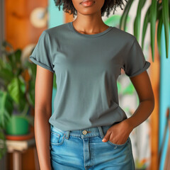 Wall Mural - Grey T-shirt Mockup, Black Woman, Girl, Female, Model, Wearing an Grey Tee Shirt and Blue Jeans, Fitted Blank Shirt Template, Standing in a Room with Plants, Close-up View