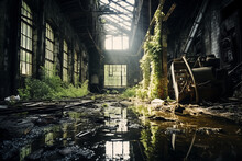 Abandoned Factory Building With Puddles Of Water And Vegetation Growing Inside