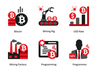 Six business icons in red and black as bitcoin, mining rig, usd rate