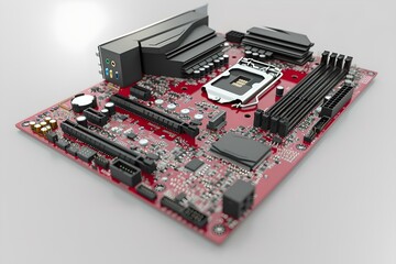 Aufkleber - Close-up of red circuit board with high-tech components. ideal for tech themes. modern computer hardware. AI