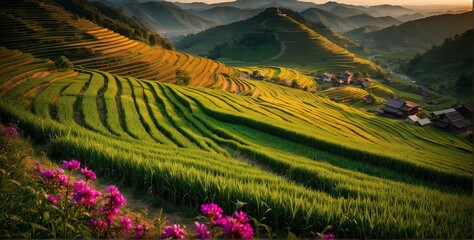 Wall Mural - beautiful panoramic landscape of a terrace fields with spring flowers in north vietnam at the sunset