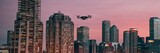 Fototapeta Londyn - Autonomous driverless aerial vehicle flying on city background, Future transportation with 5G technology concept