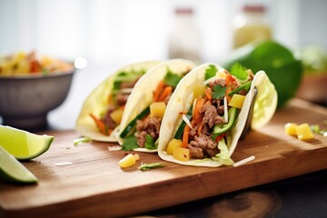 Wall Mural - tacos with beef, lettuce, cheese on wooden table