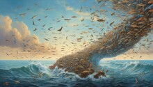 A Surrealistic Scene Where The Ocean Meets The Sky At The Horizon, With Fish Flying And Birds Swimming Generative AI