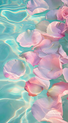 Wall Mural - Rose petals floating in the water. Irridescent modern aesthetic colors. Pastel pink and blue aquamarine hues. Spring summer concept.