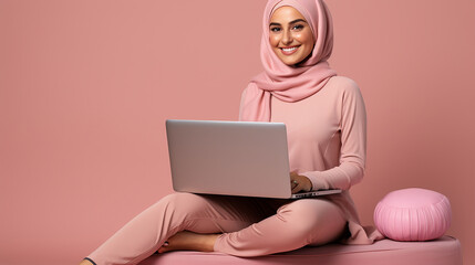 Wall Mural - a musulism smiling woman using a laptop computer isolated pink background