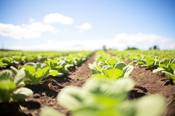 rows of leafy green organic lettuce in a farm