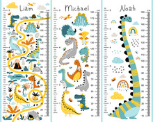 Dino height chart set for kids. Cute vector illustration in simple hand-drawn cartoon Scandinavian style. The limited, colorful palette is ideal for printing. Childish meter wall for nursery design.