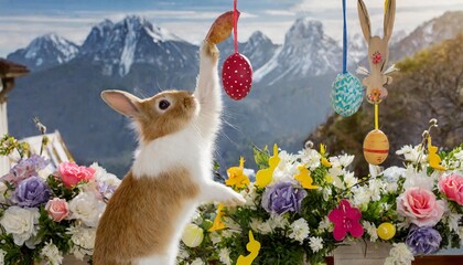 Wall Mural - An Easter bunny standing on hind legs, reaching for a dangling Easter egg decoration.