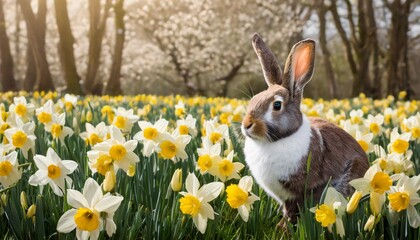 An Easter bunny sitting amidst a field of daffodils, adding a touch of spring to the scene.