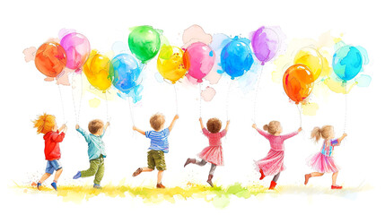 Wall Mural - Happy kids joyfully playing with watercolor balloons on a white background