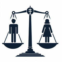 Wall Mural - Gender equality concept. Man and woman sit on scales. Tolerance and respect, unity. Democratic society and feminism, equality and balance. Cartoon flat vector illustration