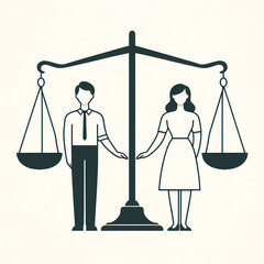 Wall Mural - Gender equality concept. Man and woman sit on scales. Tolerance and respect, unity. Democratic society and feminism, equality and balance. Cartoon flat vector illustration