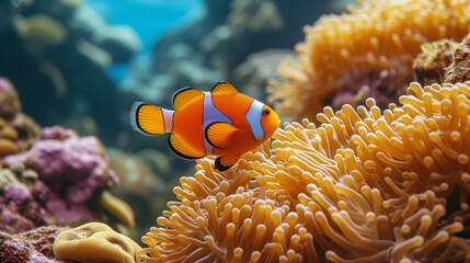 Wall Mural - Orange clownfish swim among the tentacles of anemones, symbiosis of fish and anemones. A group of clown fish swimming in an anemone. Clownfish anemone fish in tropical saltwater coral garden 