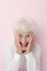 Canvas Print - Happy surprised laughing senior woman or grandma on pale pink background. Modern old lady winning a price,  celebrating with smile at party. Simple Banner with Copy space. 