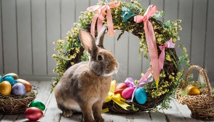 A curious rabbit inspecting a festive Easter wreath adorned with colorful ribbons.