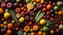 Vegetables And Fruits Fresh Large Overhead Mix Group Colorful Background Assorted In Studio