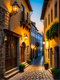 Fototapeta Uliczki - Mystical Twilight: A Romantic Stroll Through Sunset-Lit Cobblestone Alleys in a European Medieval Town. generative A
