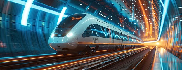 Wall Mural - A futuristic train gracefully departs from an ultra-modern station, embodying the sleekness of modern transportation.