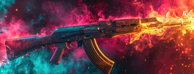 An AK47 firearm set against a backdrop of engulfing flames, symbolizing danger and intensity.