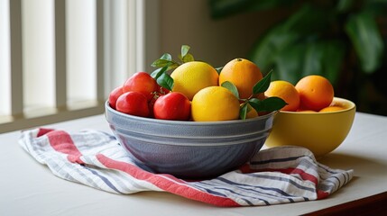 Sticker - A bowl of fruits on a tabletop tea towel on simple minimal background