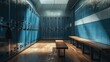 Dynamic Locker Room: Blue Metal Cage Style Lockers with Wooden Bench for Sporting Lifestyle and Fitness Equipment