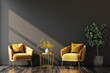 Modern Luxury Living Room Interior Design with Mustard Armchairs and Gold Brass Table. Empty Wall Space for Art. 3D Rendering 2024